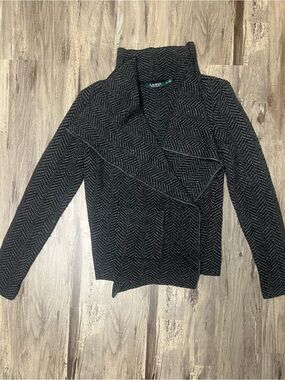 Lauren Ralph Lauren Gray Herringbone Asymmetric Open Front Cardigan Knit PS